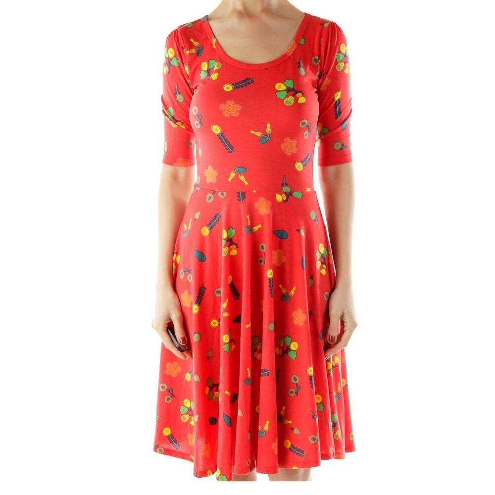 LulaRoe Nicole Dress Red with floral design Size Large